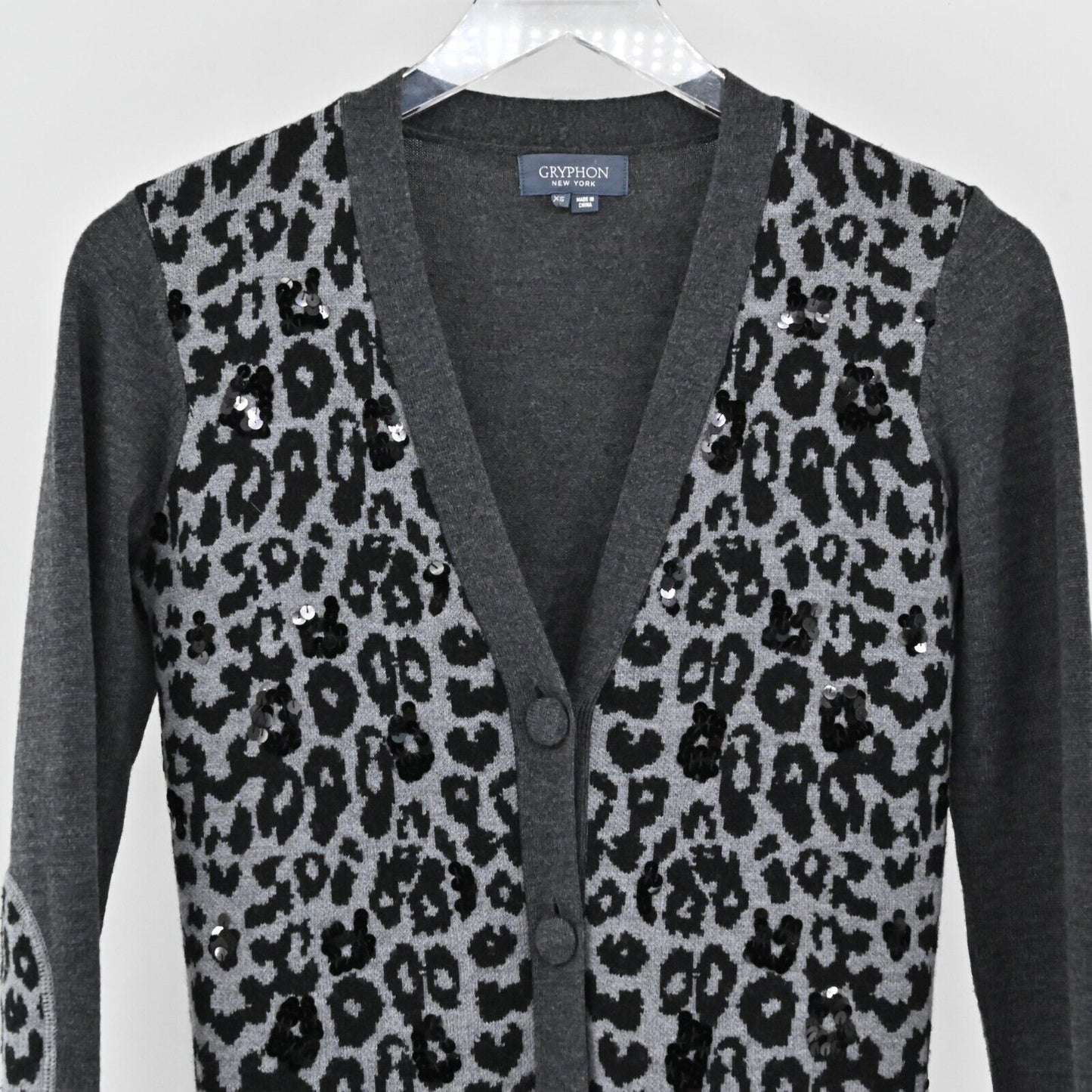 GRYPHON Sweater Womens Size XS Leopard Print Sequin Knit Cardigan Merino Wool