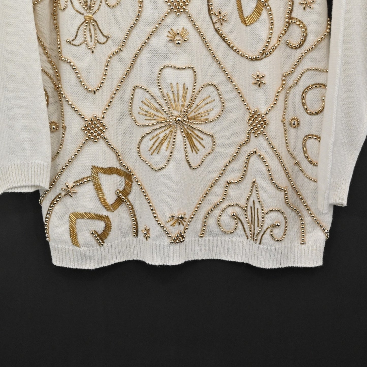 Vtg 80s Womens Gold Beaded Sweater Sz M Cream Victoria Jones Knit Fleur De Lis