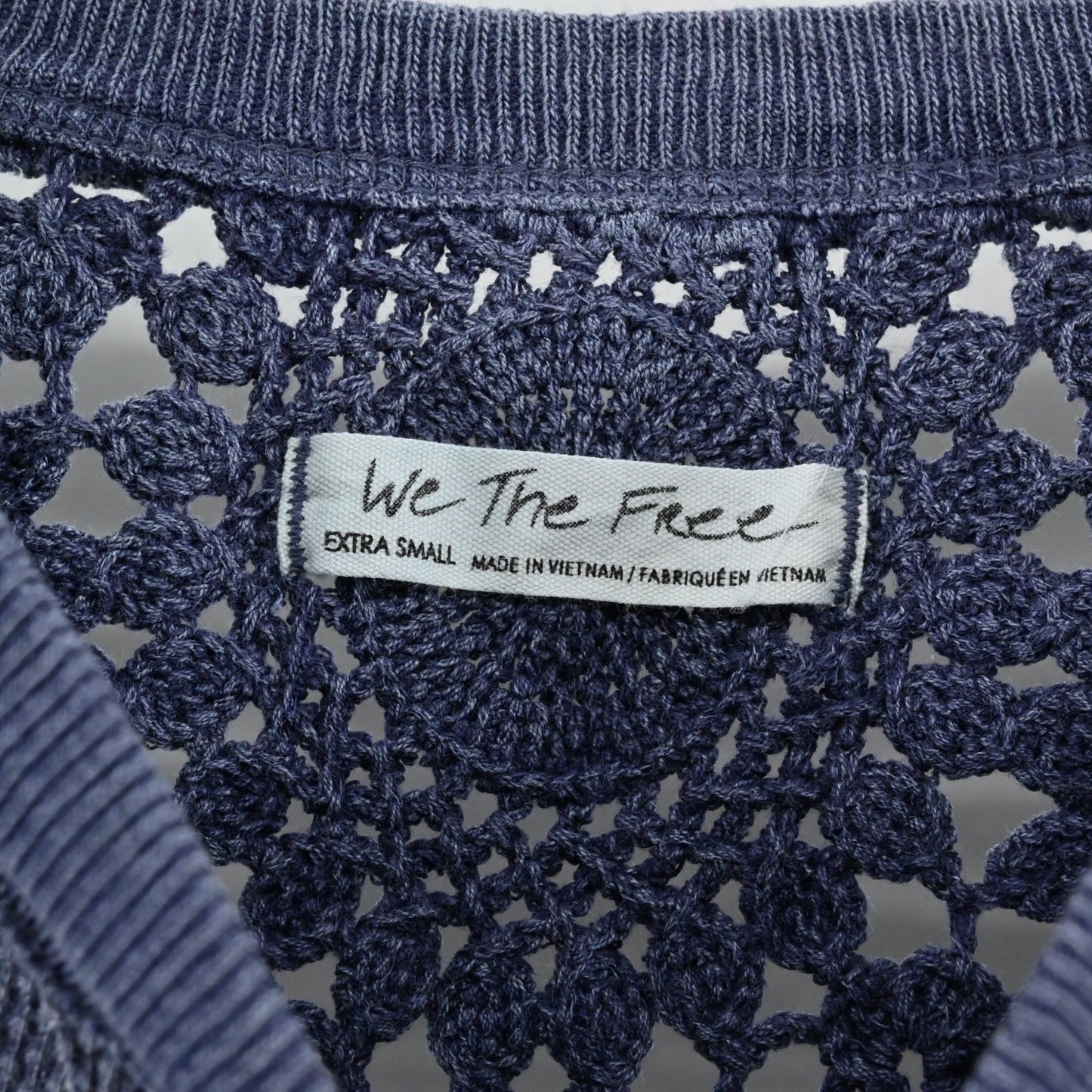 Free People Luella Tee Shirt Thermal Top Size XS Crochet Inset Quarry Blue Boho