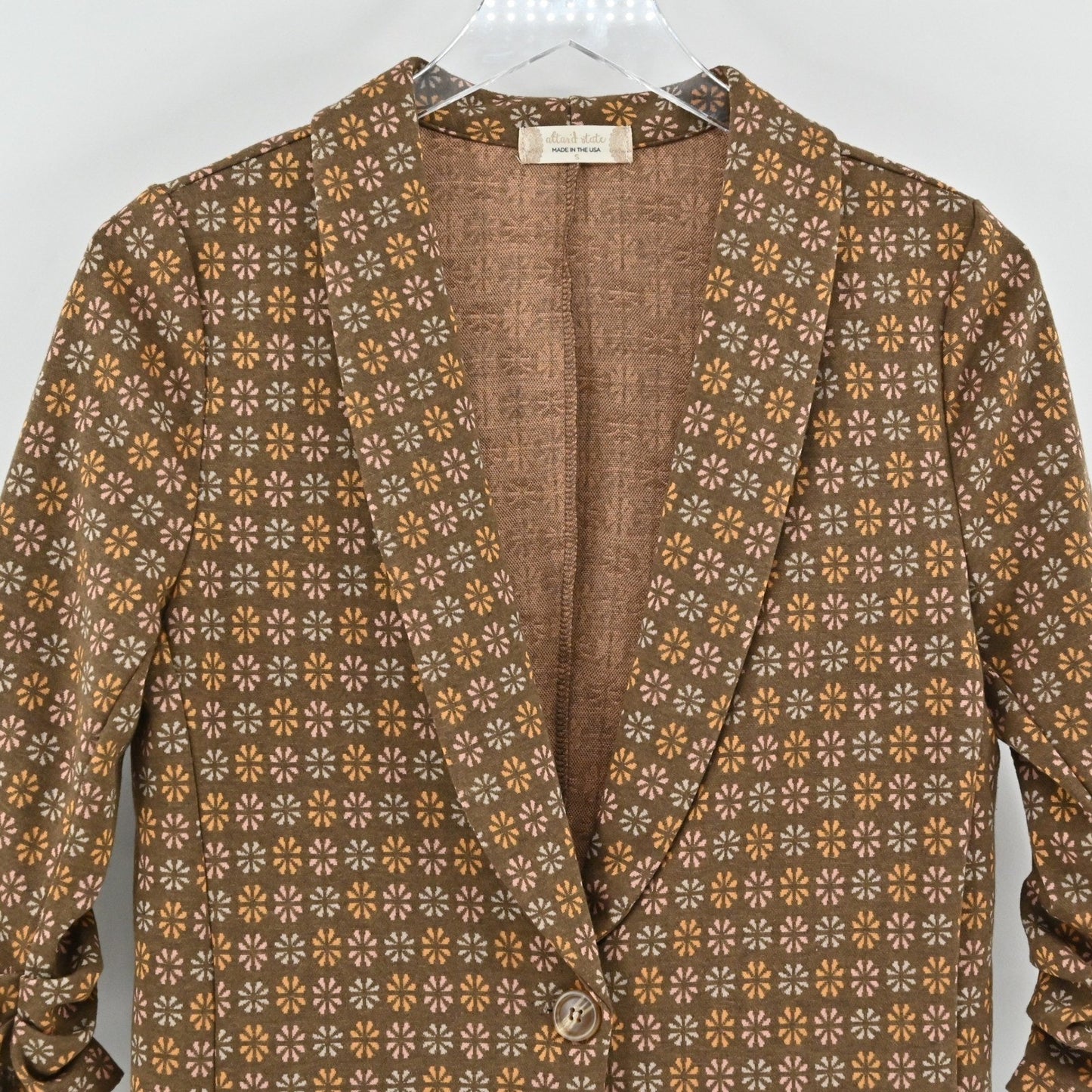Altard State Floral Print Brown Blazer Size S Retro Mod Ruched 3/4 Sleeve USA