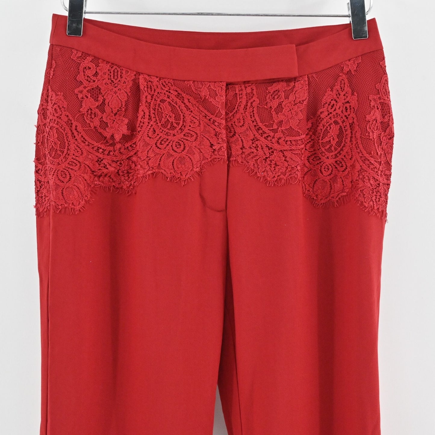 AIJEK Womens Red Pants Size S Lace Detail Straight Stretch Mid Rise Trousers