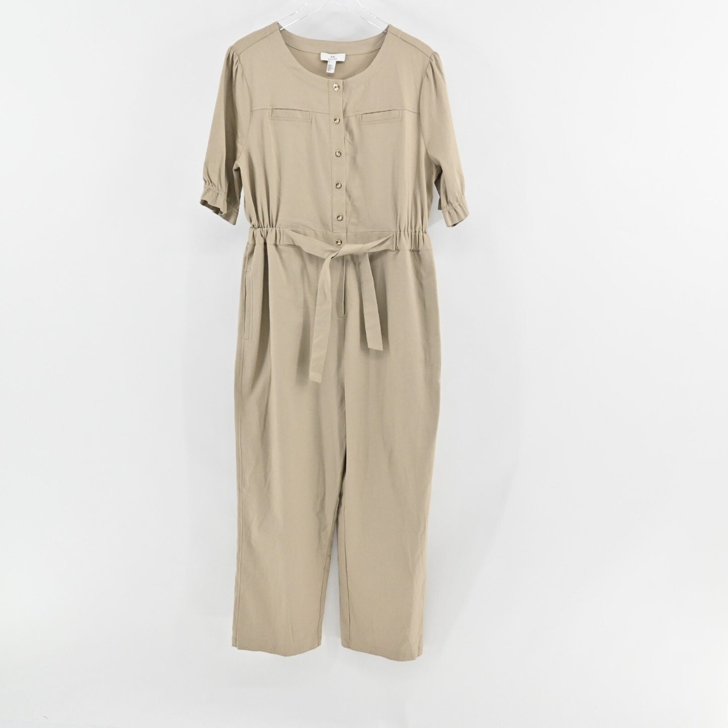 H by HALSTON Khaki Jumpsuit Womens Size L Button Tie Waist Wide Leg Casual