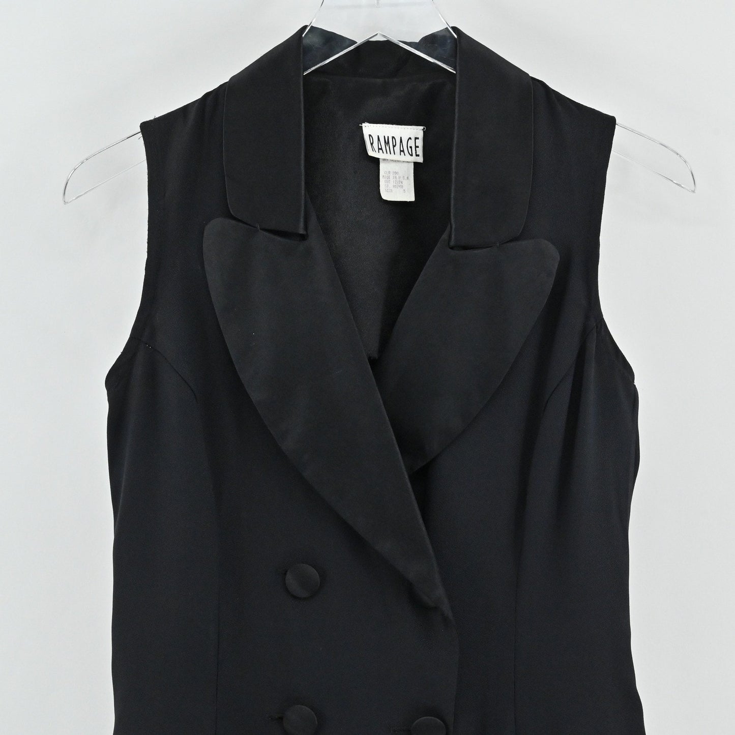 Vtg Y2k Rampage Satin Blazer Dress Size 5 Black Sleeveless Double Breasted USA