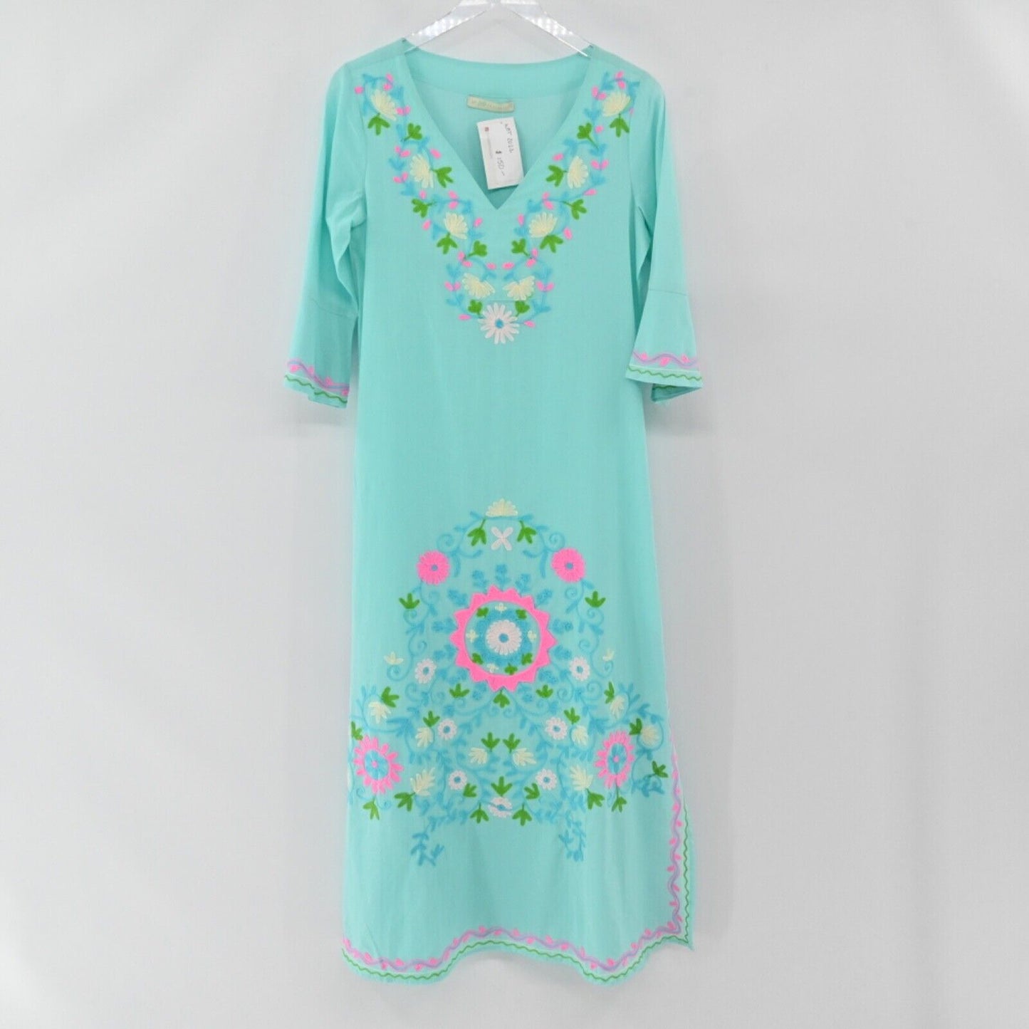 UNE BELLE TROUVAILLE Dress Womens Sz M Blue Embroidered Floral Cotton Tunic Maxi