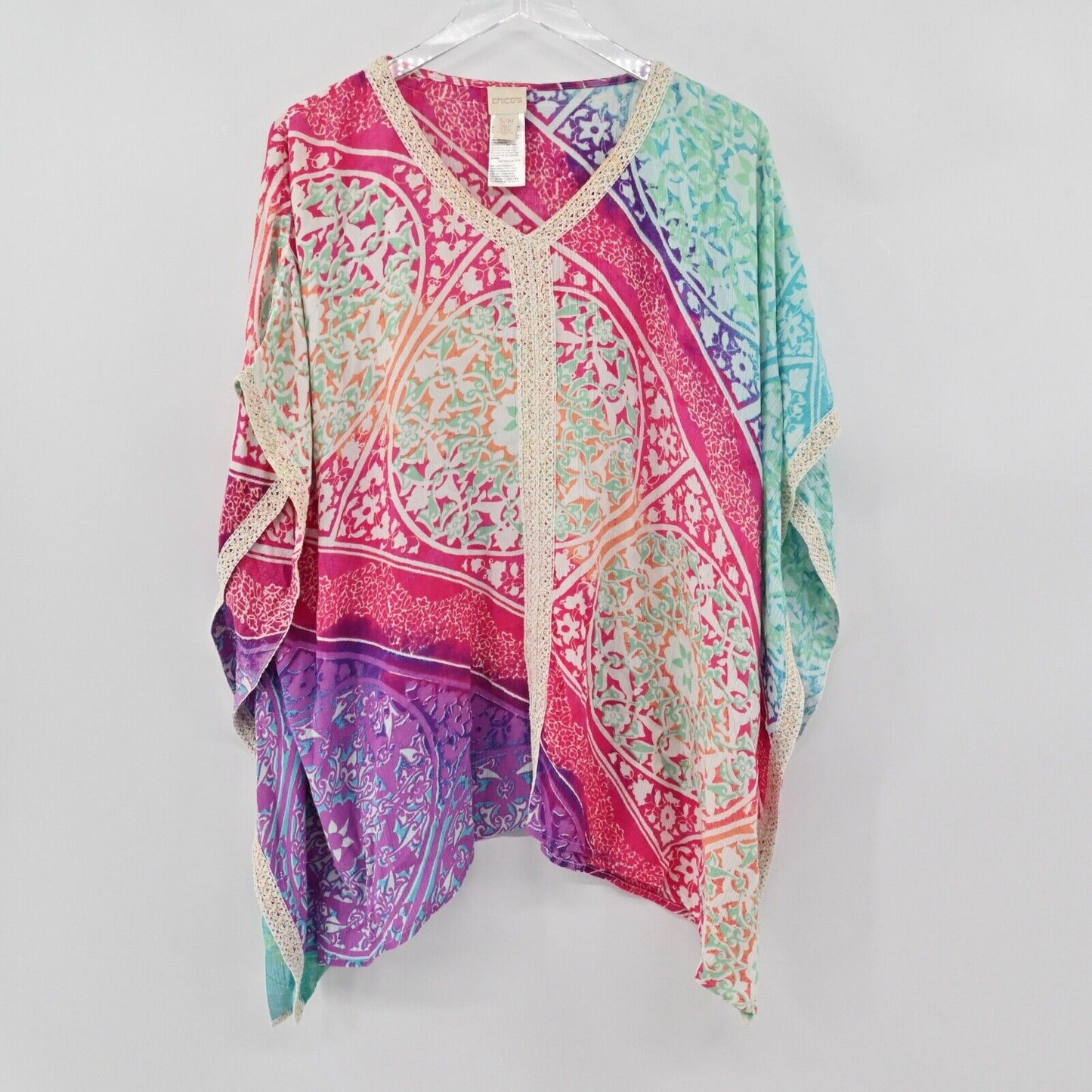 CHICOS Top Womens Size SM Kaleidoscope Medallion V Neck Poncho Style Tunic Boho