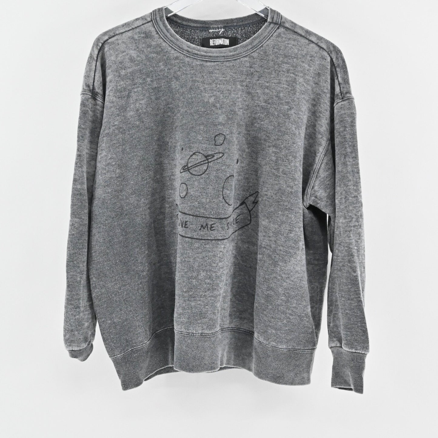 REFORMATION Womens Give Me Space Graphic Sweatshirt Sz L Gray Burnout Grunge USA
