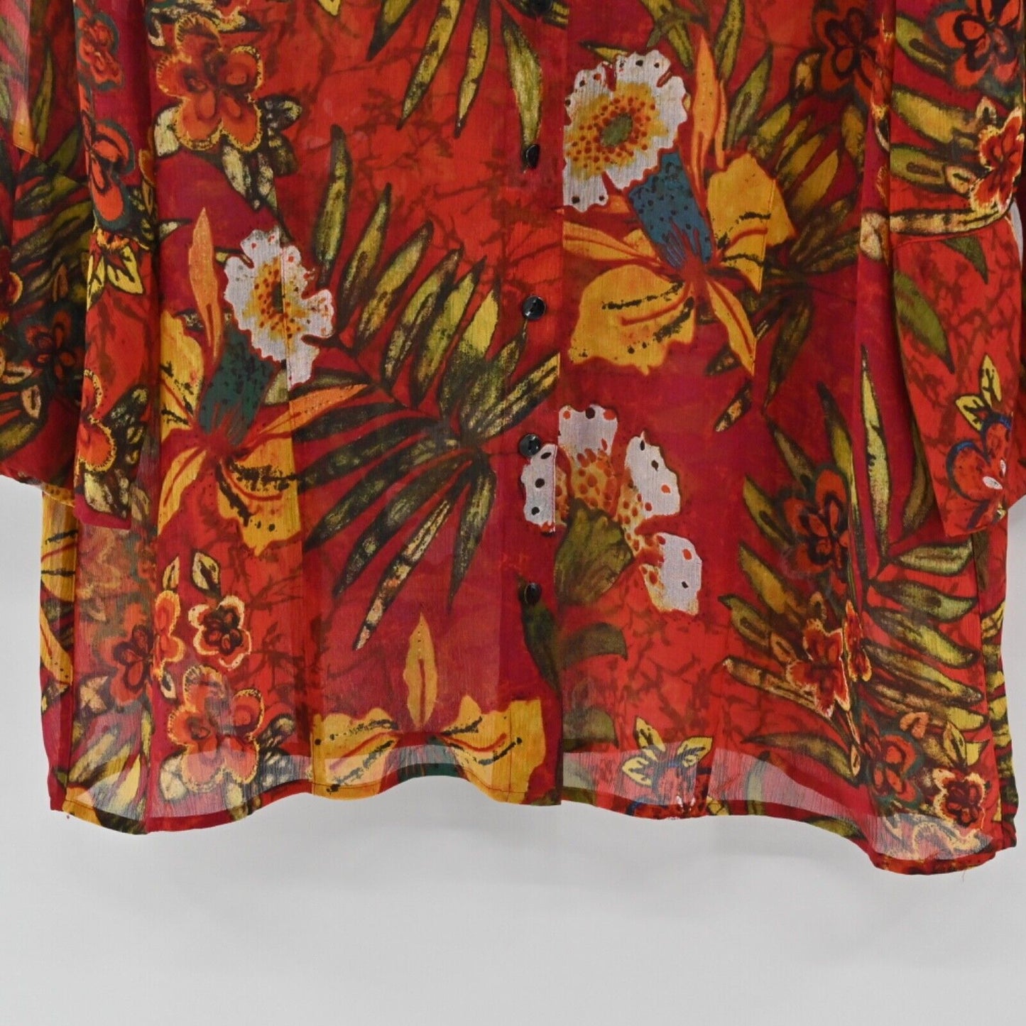 Vtg CHICOS Top Womens Size XL Red Tropical Floral Button Up Silk Bell Sleeve 00s