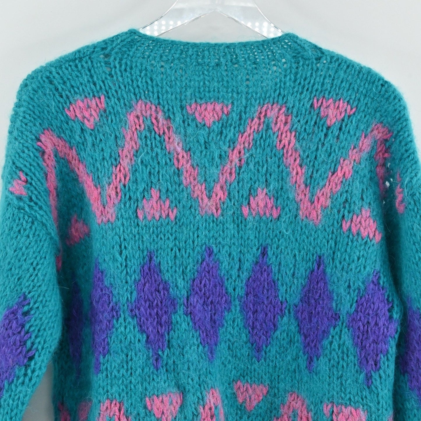 Vtg 80s Womens Mohair Knit Sweater Size L Teal Colorful Diamond Cardigan