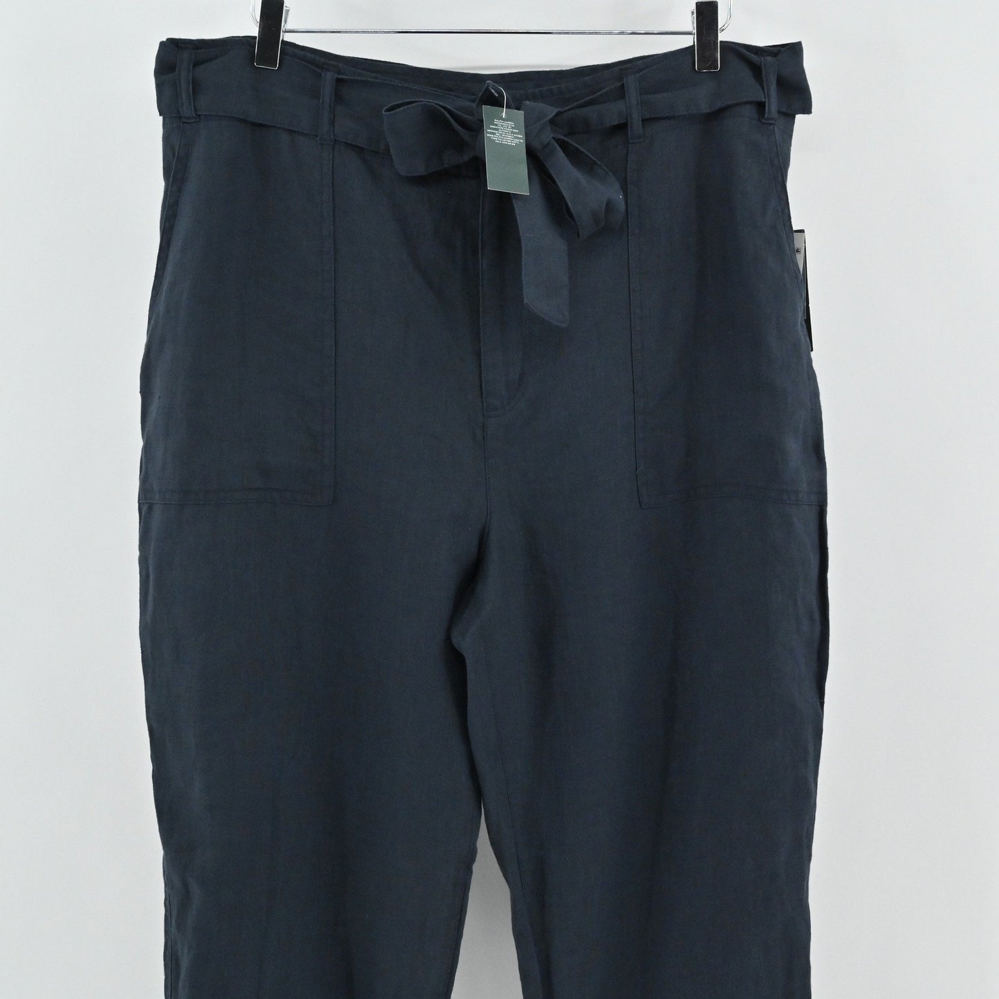 Ralph Lauren Womens Cropped Linen Pants Size 14 Navy Tie Waist Preppy Summer LRL