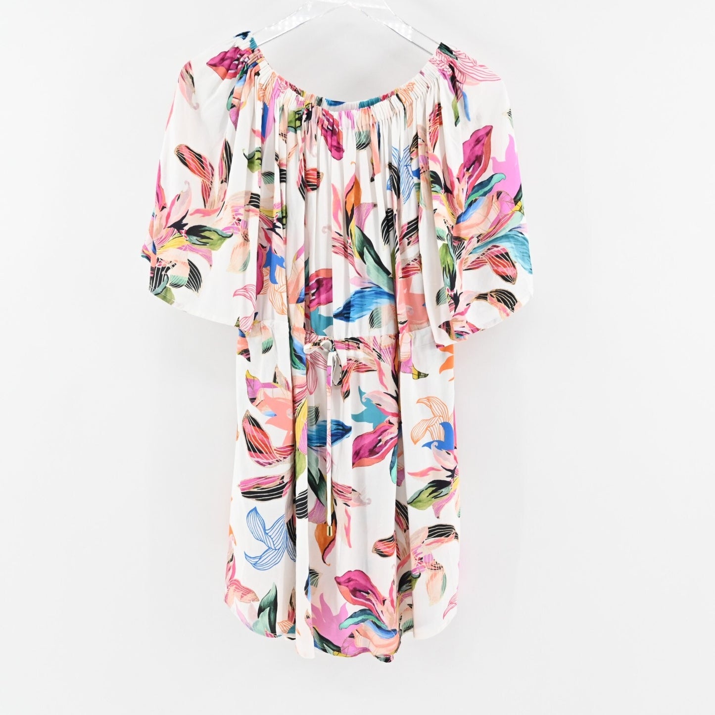 LA BLANCA Dress Size L Paradise Floral ALine Mini White Multi Off Shoulder