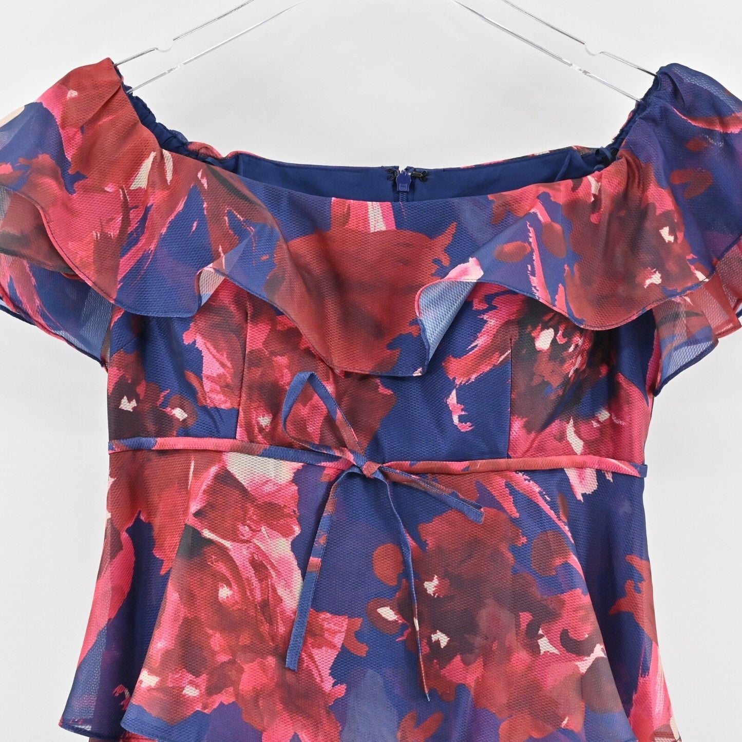 RICKIE FREEMAN TERI JON Tiered Cocktail Dress Sz 6 Blue Floral Off The Shoulder