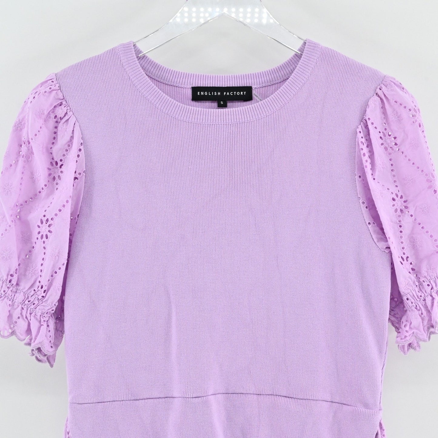 English Factory Womens Eyelet Mixed Media Knit Top Size S Lilac Puff Sleeve