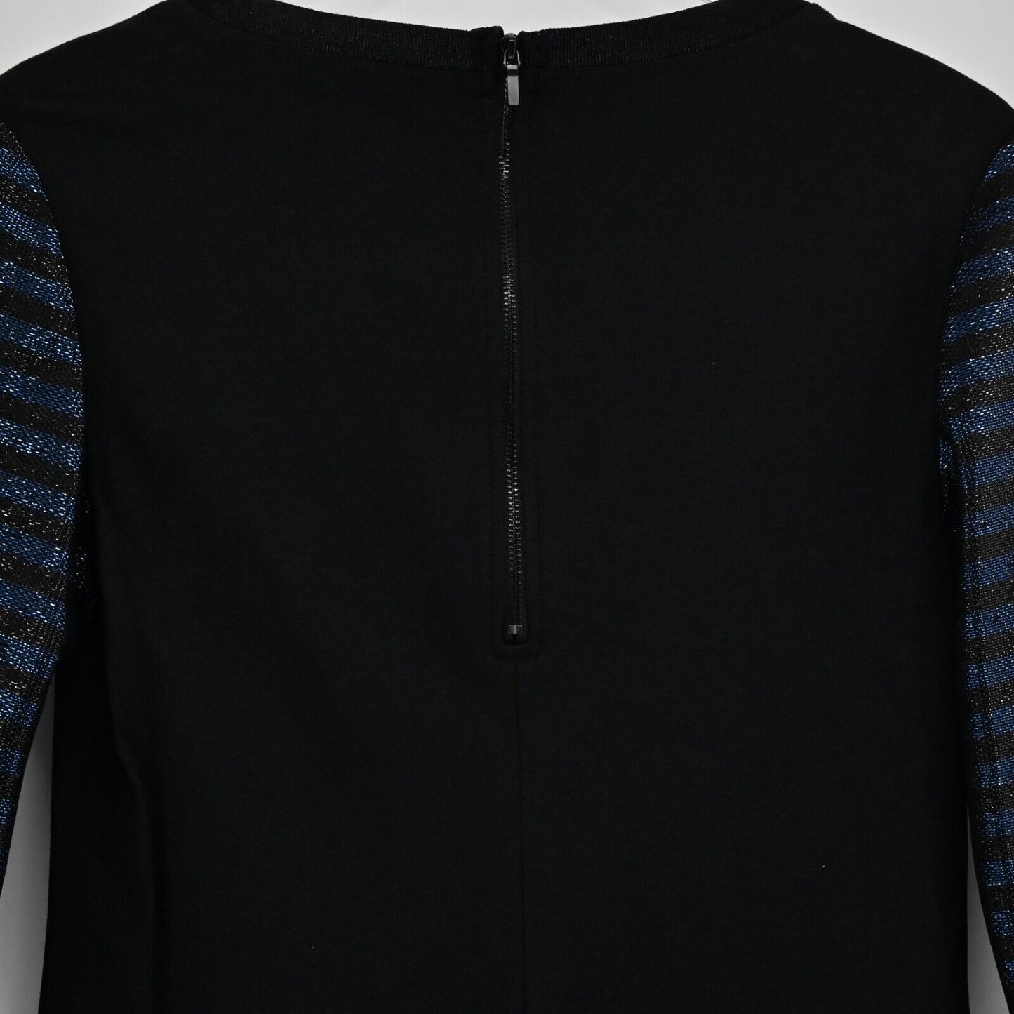 TRINA TURK Dress Womens Sz 6 Metallic Black Blue Stripe Scoop Neck Mini Sweater