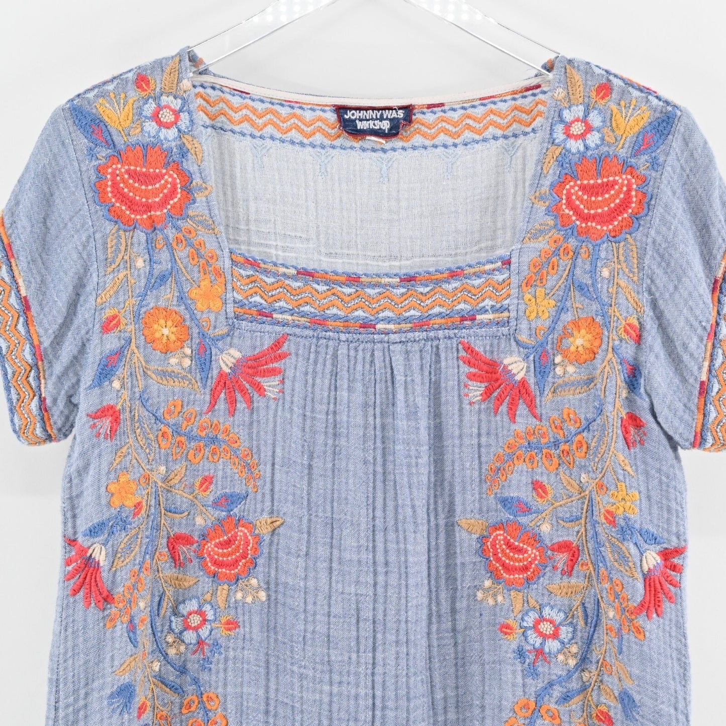 JOHNNY WAS Tikal Dress Sz S Poncho Workshop Floral Embroidered Gauze Square Neck
