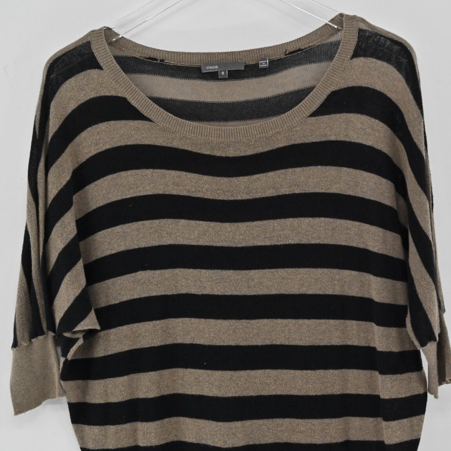 VINCE Top Womens Size S Brown Black Stripe Cotton Sweater Dolman Half Sleeve