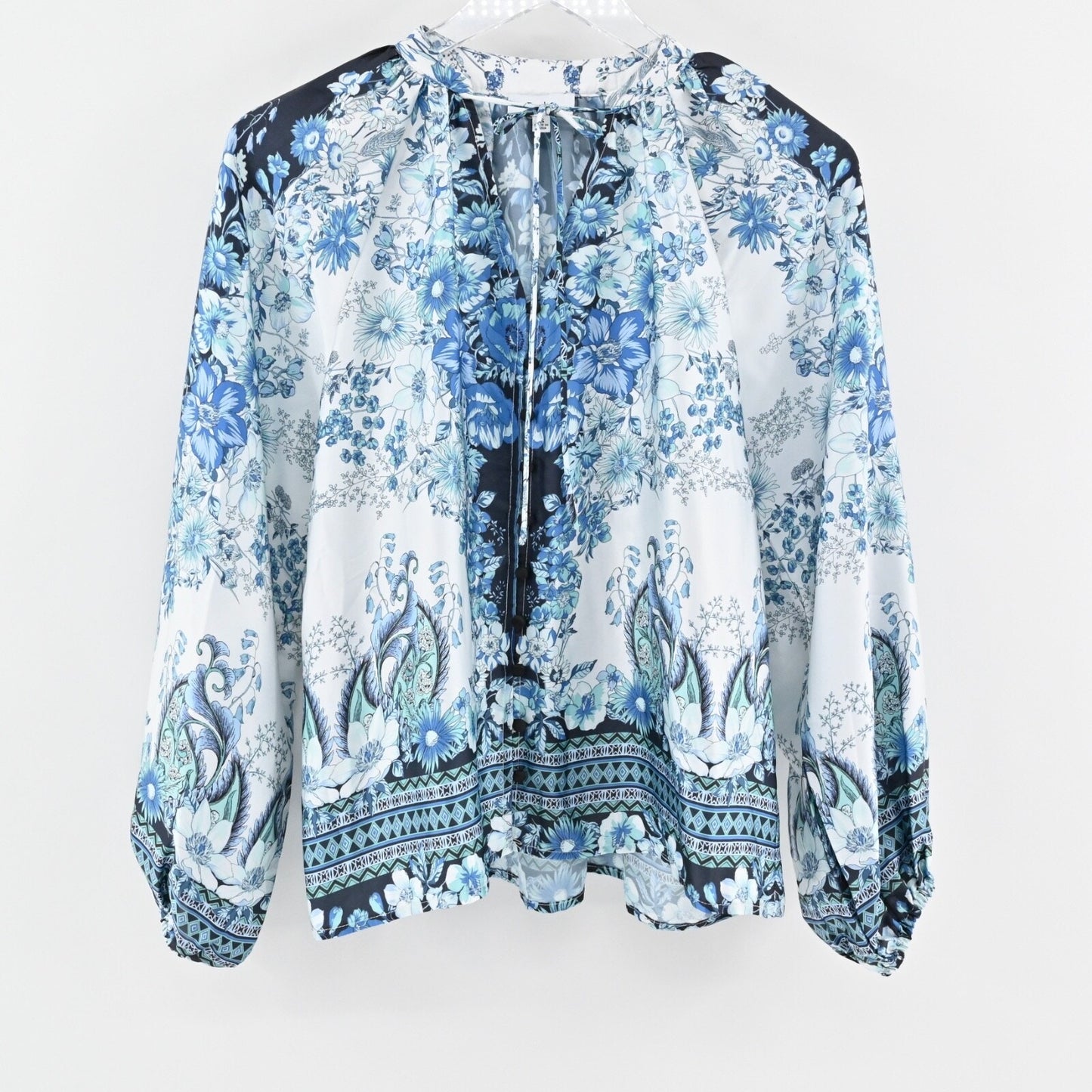 FATE Womens Billow Sleeve Blouse Top Sz S Blue Floral Tie Neck Button Boho Retro