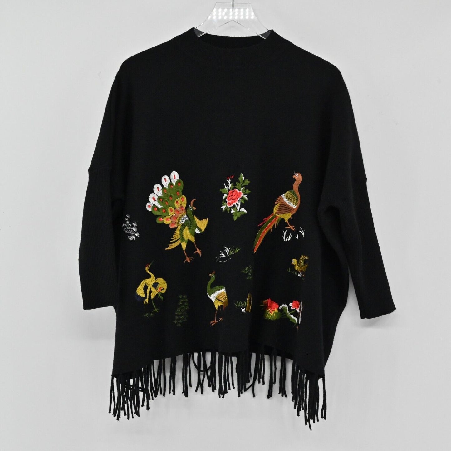 KEYINGYI Sweater Womens One Size Bird Motif Embroidered Cashmere Fringe Turkey