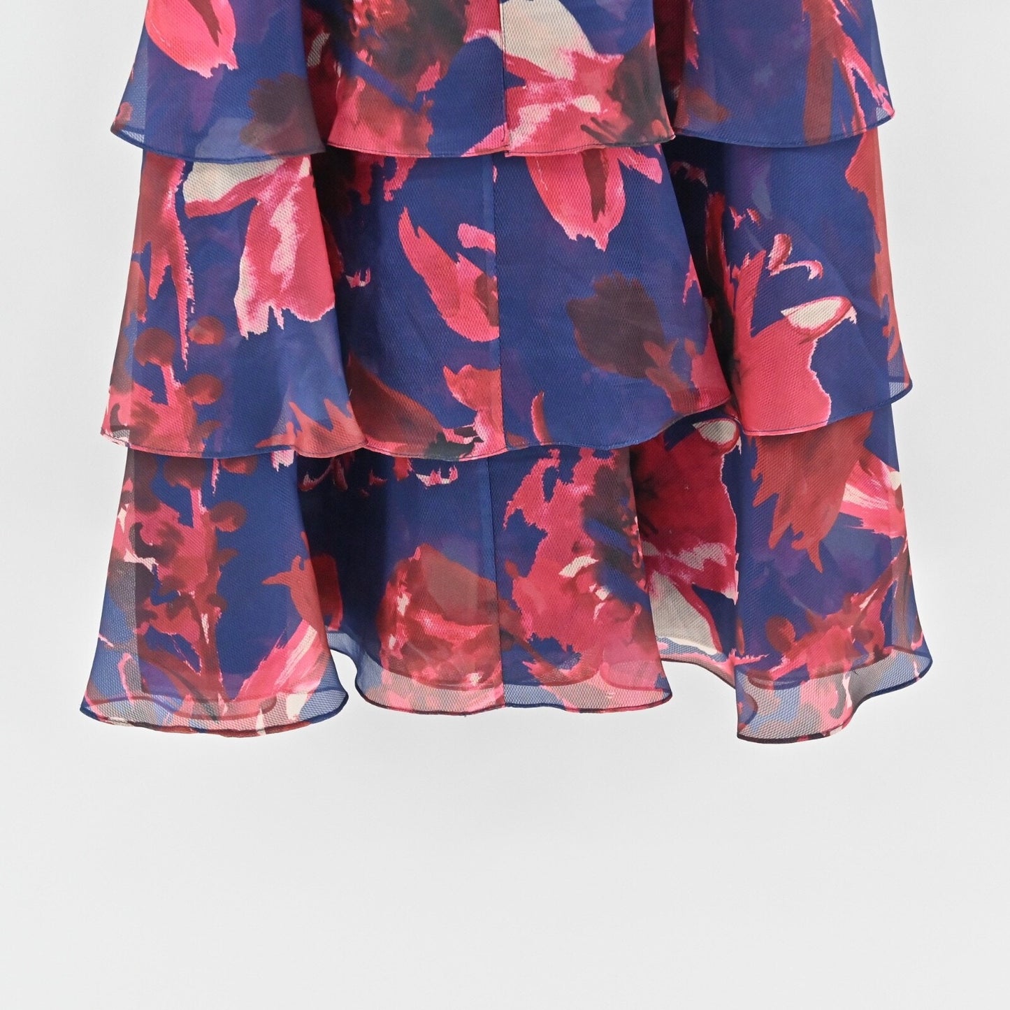 RICKIE FREEMAN TERI JON Tiered Cocktail Dress Sz 6 Blue Floral Off The Shoulder