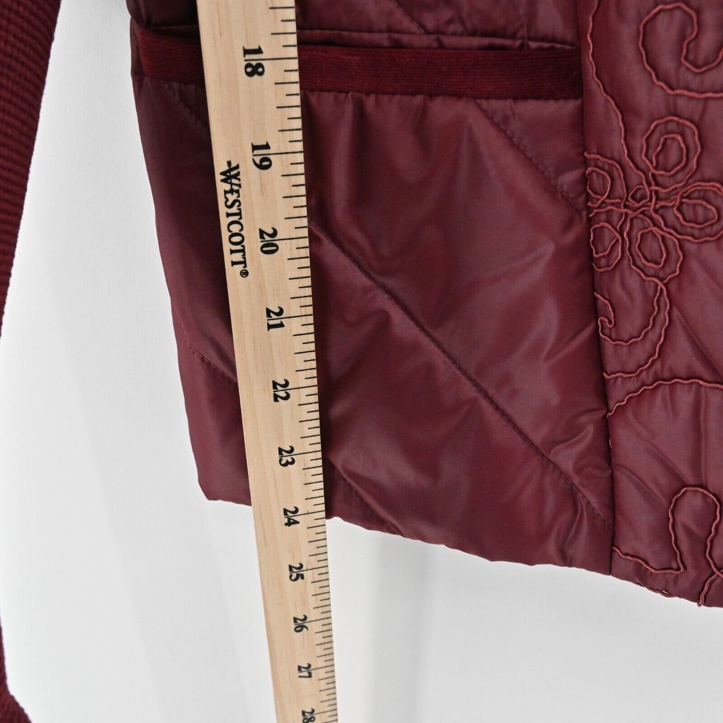 CHICOS Jacket Womens Size M Zenergy Red Maple Velvet Trim Embroidered Zip Front