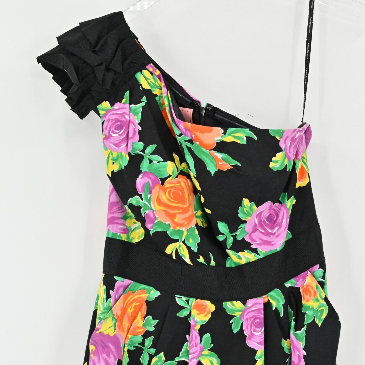 PHOEBE COUTURE Womens Size 2 One Shoulder Black Floral Dress Gathered Pleated