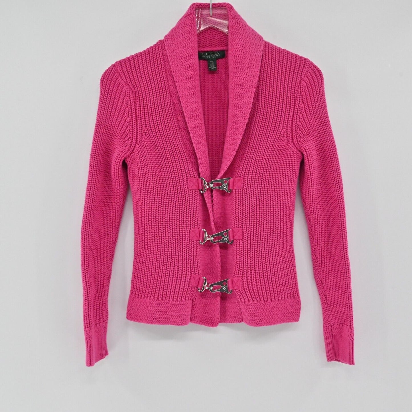 LRL Cardigan Sweater Womens Sz PXS Hot Pink Knit Long Sleeve Cotton Shawl Collar