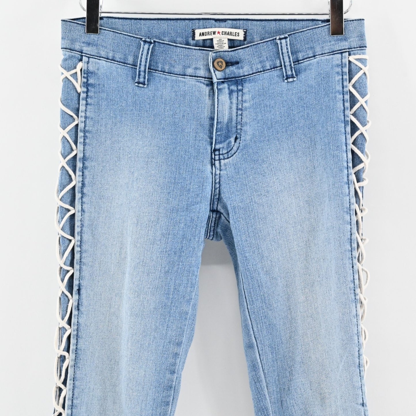 ANDREW CHARLES Jeans Sz 26 Corset Light Wash Lace Up Low Rise Flare Leg Retro