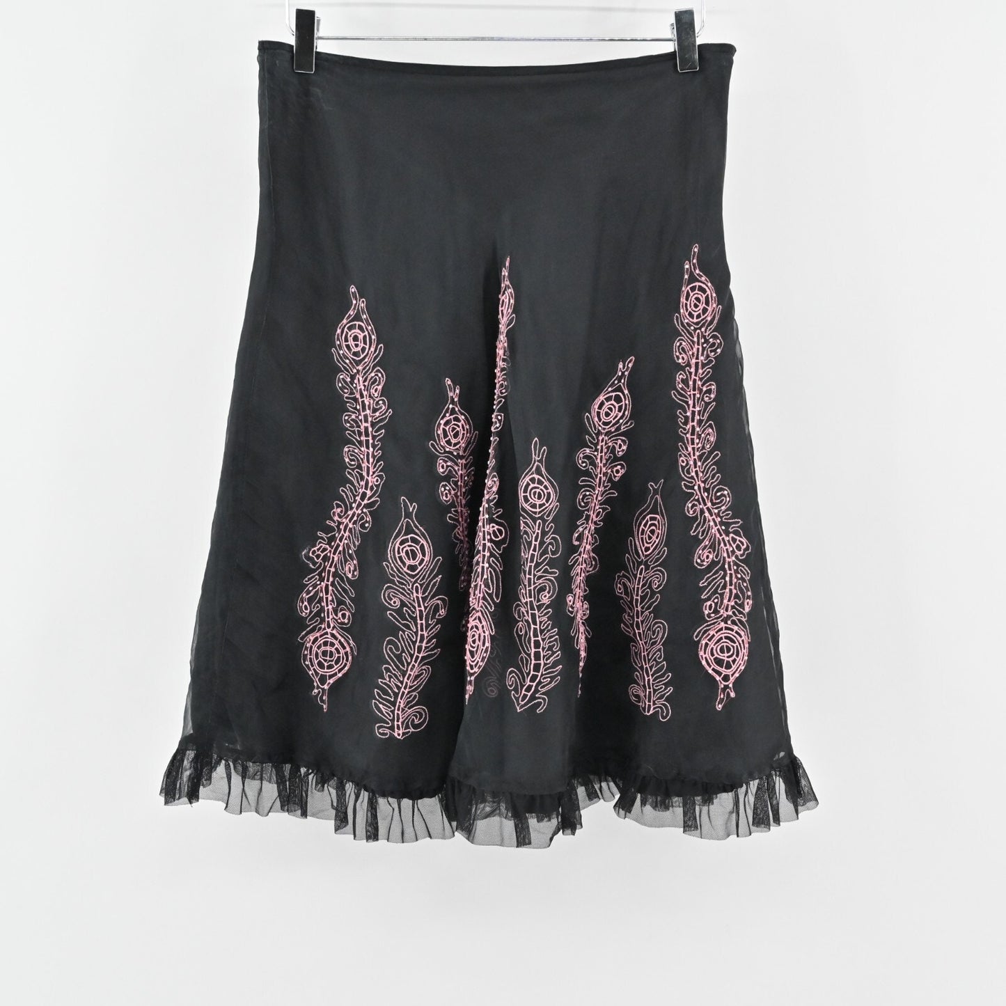 Vtg CAROLE LITTLE Skirt Size 8 Black Silk Pink Embroidered Tulle Witchy ALine
