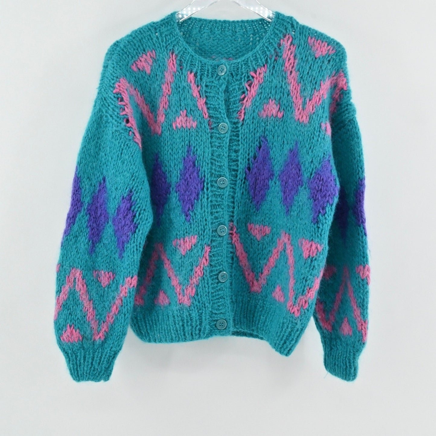 Vtg 80s Womens Mohair Knit Sweater Size L Teal Colorful Diamond Cardigan