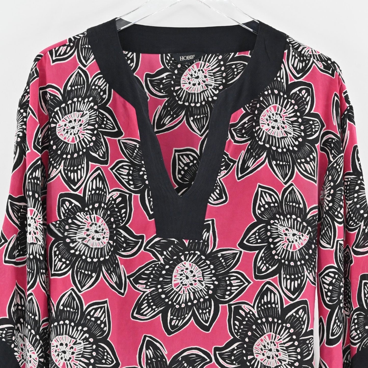 Hobbs Dress Sz S Silk Lightweight Pink Black Floral Kimono Style Mini Maximalist