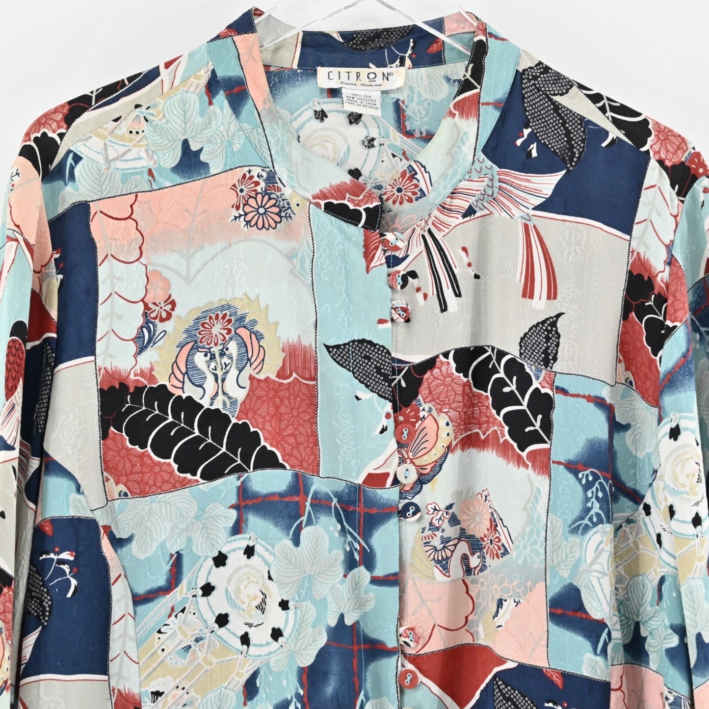CITRON Santa Monica Womens Silk Top Size XXL Art to Wear Asian Bird Fish Button