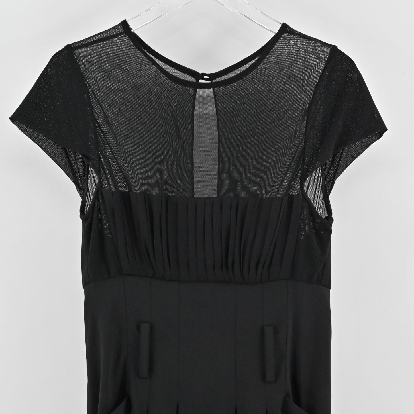 Alice Olivia Black Pleated Dress Size 10 Wool Blend Sheer Short Sleeve Mini