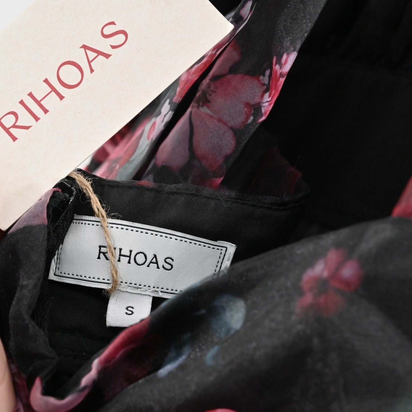 RIHOAS Dress Size S VNeck Floral Print Tiered Layered Halter Midi Black Pink NEW