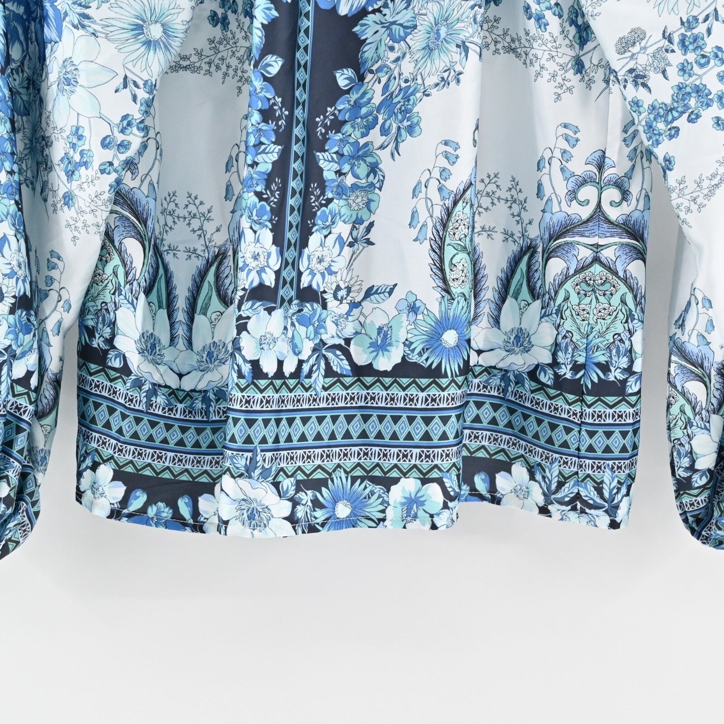 FATE Womens Billow Sleeve Blouse Top Sz S Blue Floral Tie Neck Button Boho Retro