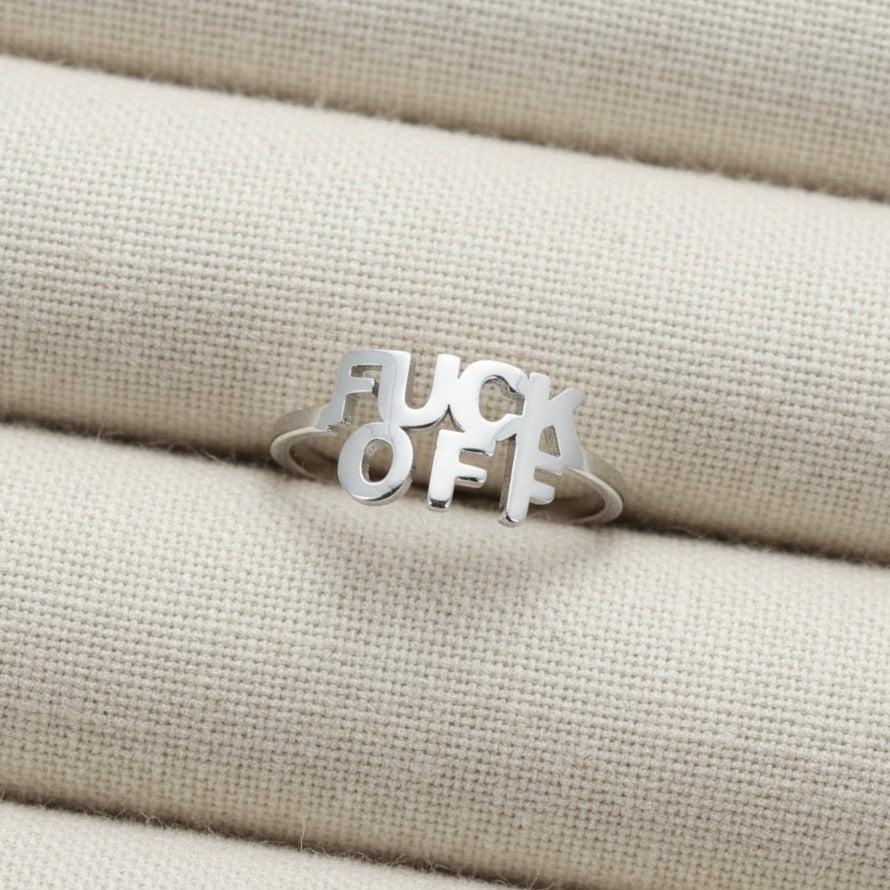 Stainless Steel FUCK OFF Hollow Slogan Adjustable Open Ring Silver