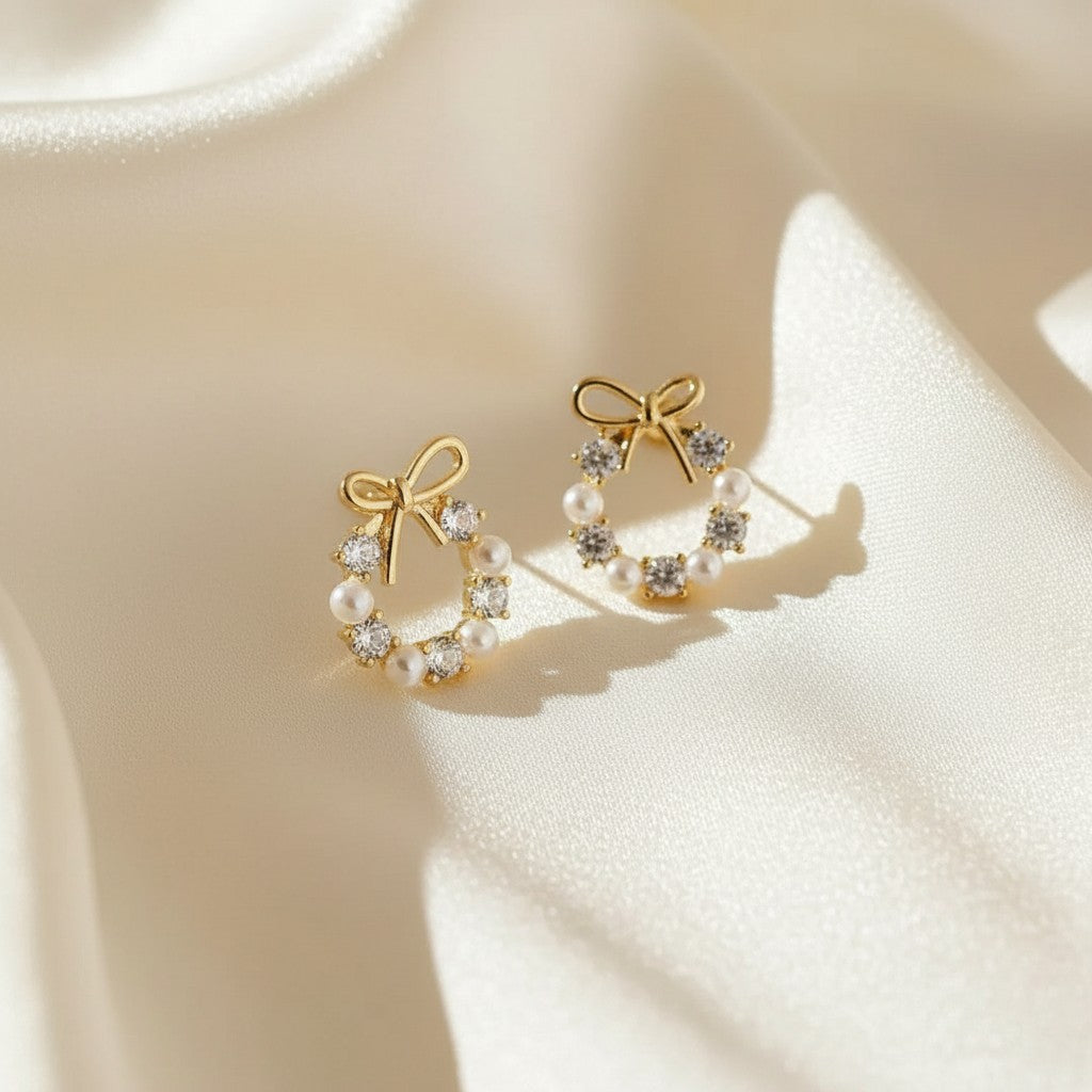 Lynn's Closet Boutique Sparkling Zircon Pearl Bow Earrings