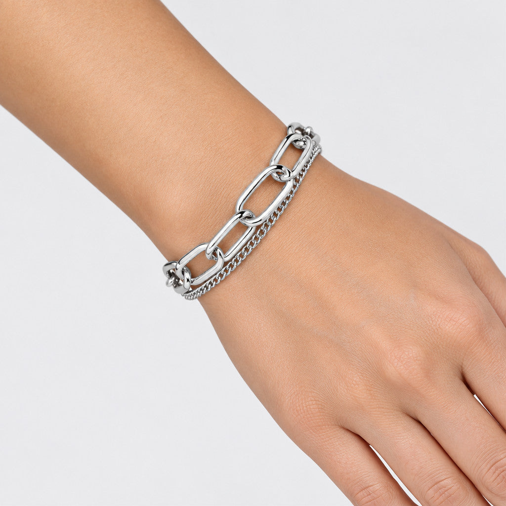 Paperclip and Curb Double Layer Chain Bracelet - Silver