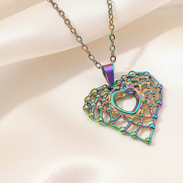Grid Texture Hollow Heart Pendant Necklace Rainbow Stainless Steel Minimalist
