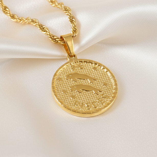 Zodiac Coin Pendant Necklace 18K Gold Plated Stainless Steel Rope Chain Constellation