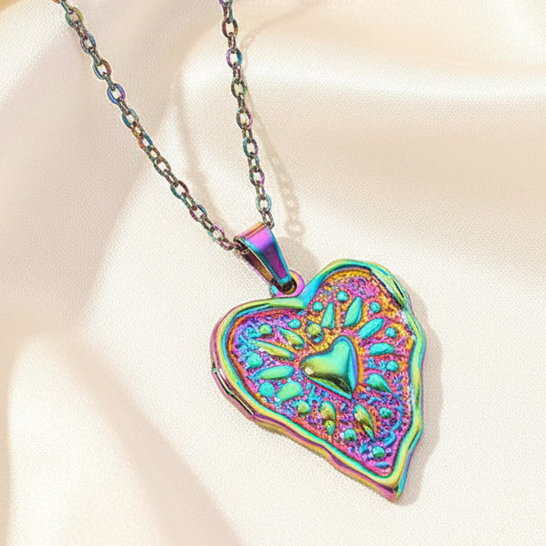 Relief Texture Hollow Heart Pendant Necklace Rainbow Stainless Steel