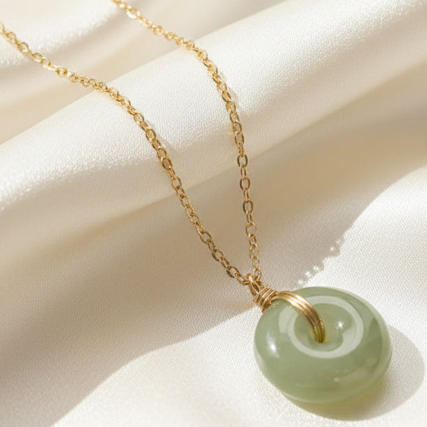 Faux Green Jade Donut Pendant Necklace 18K Gold Plated Stainless Steel Minimalist (Style A)