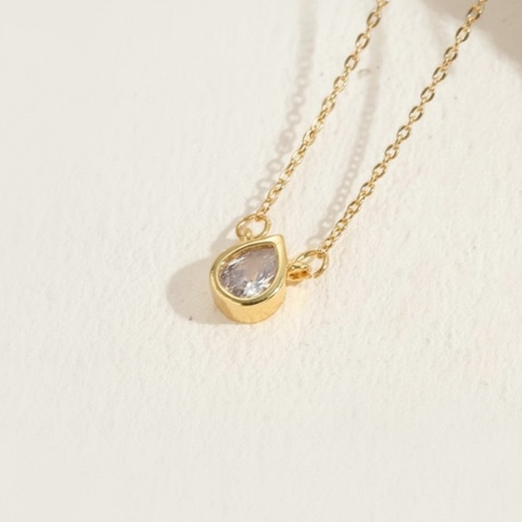 Zircon Teardrop Pendant Necklace 14K Gold Plated Copper Geometric Minimalist
