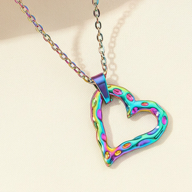Hammered Hollow Heart Pendant Necklace Rainbow Stainless Steel Minimalist
