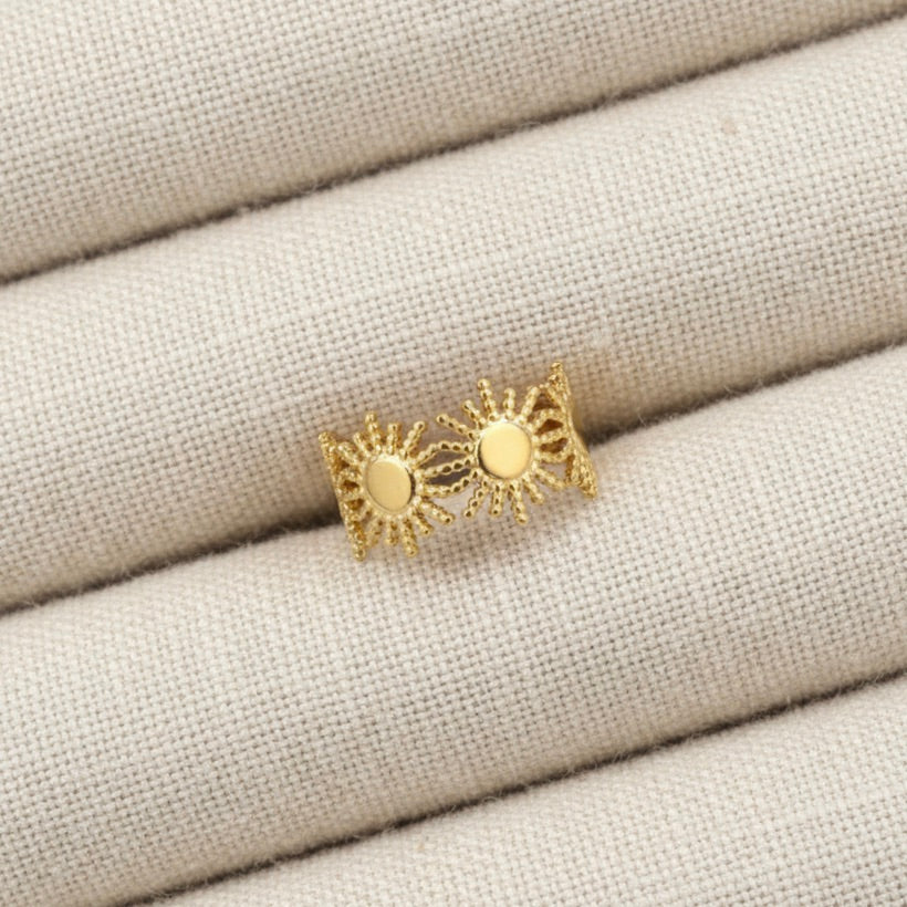 Stainless Steel Sun Totem Adjustable Open Ring Gold Plated