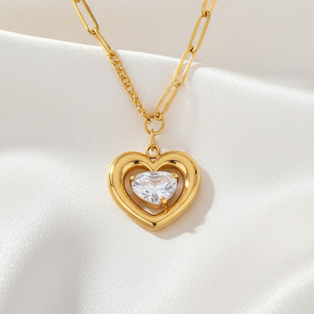 Hollow Heart Teardrop Zirconia Pendant Necklace Stainless Steel 18K Gold Plated