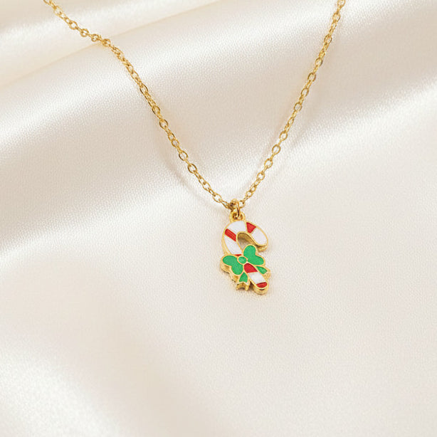 Striped Candy Cane Pendant Necklace Stainless Steel 18K Gold Plated Enamel