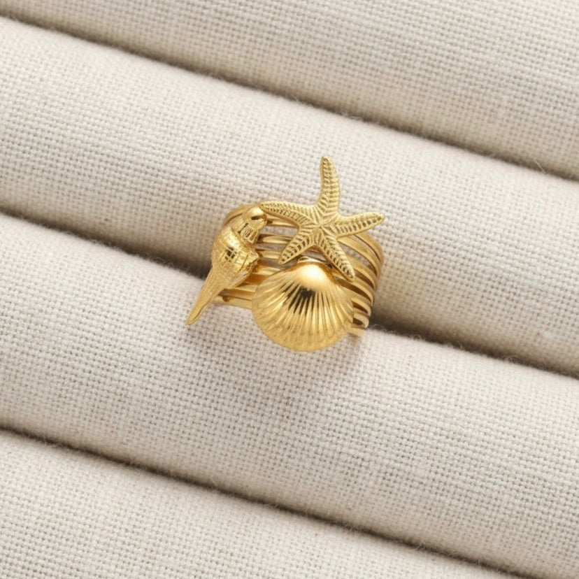 Stainless Steel Starfish Shell Parrot Layered Adjustable Open Ring Gold Plated