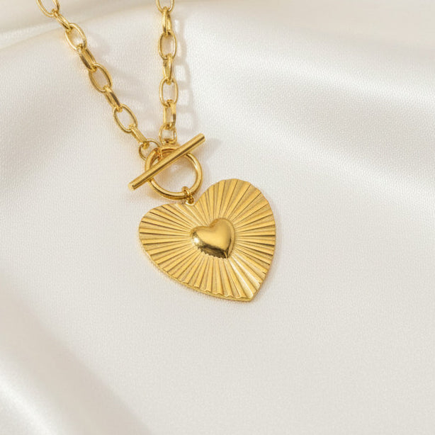 Heart Sunburst Toggle Clasp Pendant Necklace Stainless Steel 18K Gold Plated