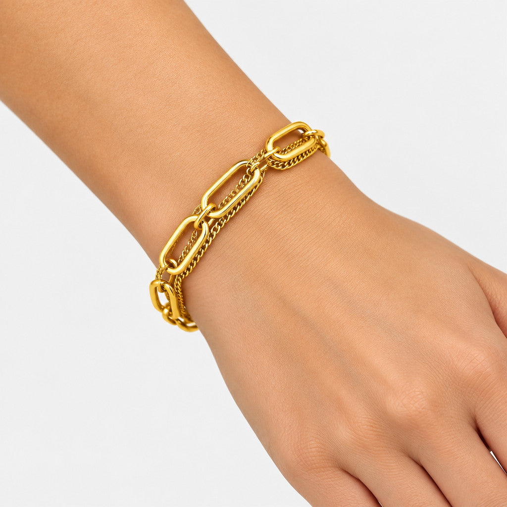 Paperclip and Curb Double Layer Chain Bracelet - Gold