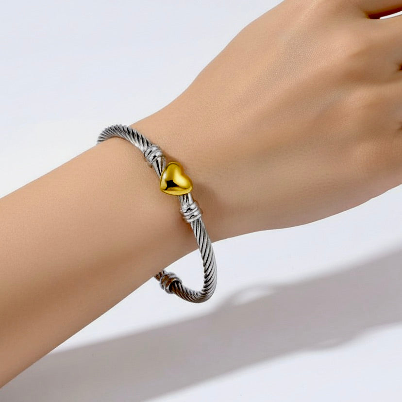 Heart Charm Toggle Clasp Bangle - Two Tone