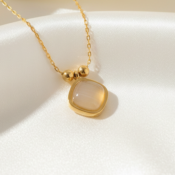Cat Eye Stone Pendant Necklace Titanium Steel 18K Gold Plated